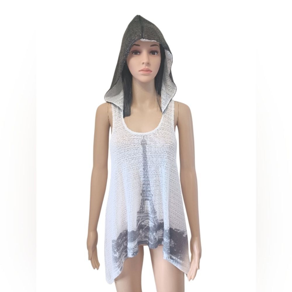 NWT Paris Sleeveless Hoodie White with Black Sparkly Hood!